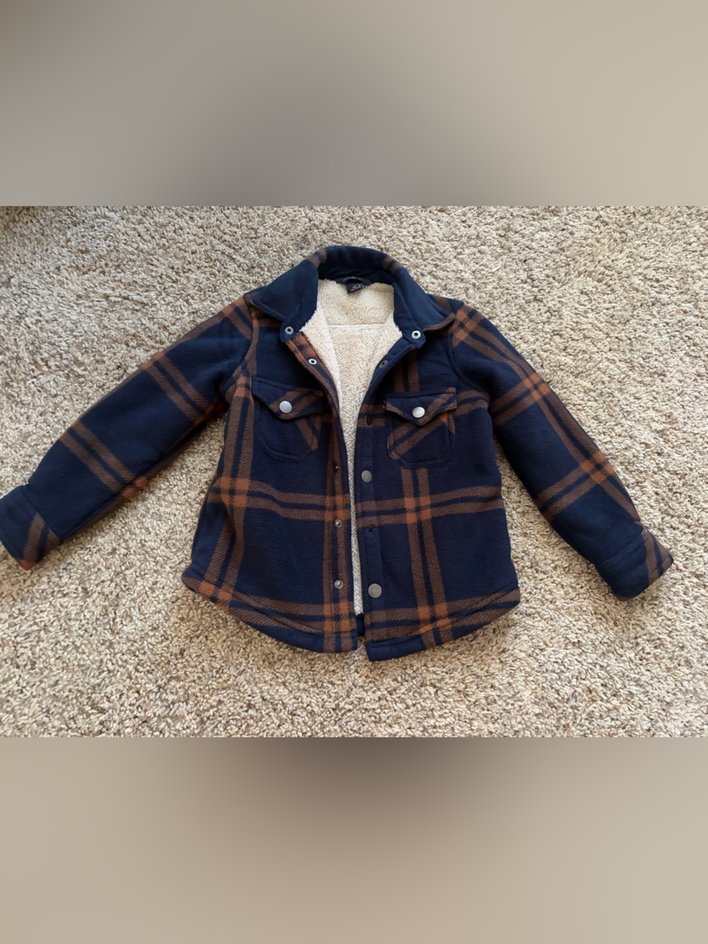 Kids Navy and Brown Plaid Sherpa-Lined Jacket